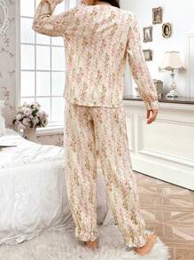 CottageSlumber Floral Print Ruffle Trim Bow Decor Square Neck Long Sleeve Top And Pants Pajama Set Bow - Apricot - View 2