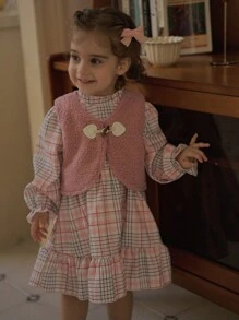 SHEIN 2pcs Baby Girl Plus Fleece Thick Vest Dress Suit, Pink Plaid Princess Dress, Spring Autumn - Pink - View 5