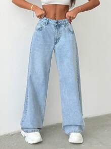 RueChic Women Rigid Belt Detailed Wide Leg Baggy Jeans - Medium Wash - View 4