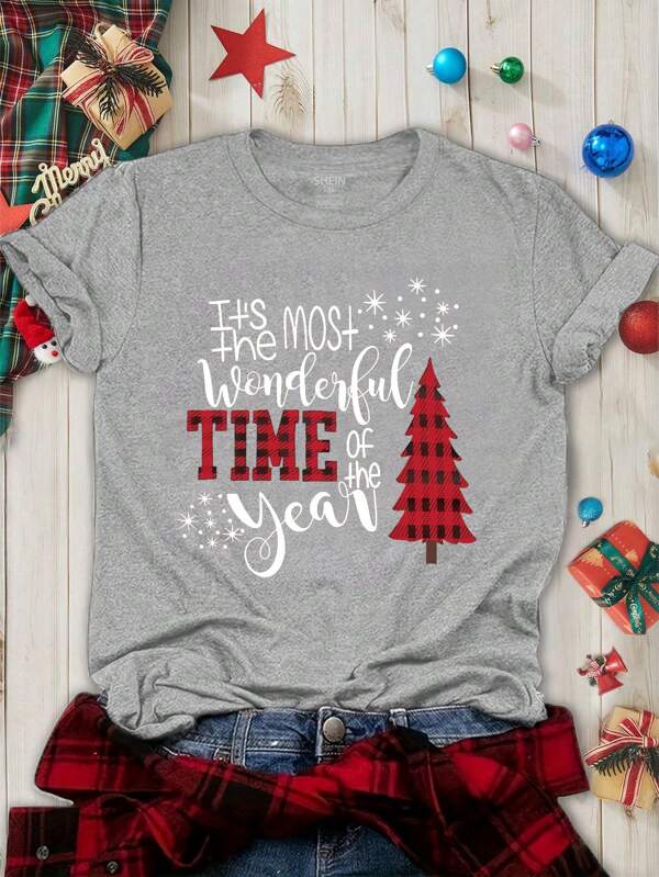 SHEIN LUNE Plus Size Women's Merry Christmas Tree It's Most The Wonderful TIME Of The Year Pattern Printed T-Shirt Graphic Tees Women Tops