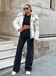 RueChic Padded Coat With Drawstring Hem, Zipper, Hood, Warm And Fashionable - White - View 6