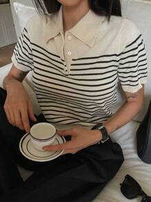 DAZY Suéter de punto de manga corta casual con rayas de contraste para mujer, otoño - Albaricoque - Ver 2