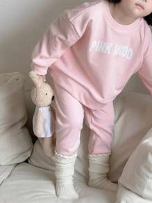 Dazy Kids 2pcs/Set Young Girl Round Neck Letter Knit Fleece Sweatshirt And Leggings, Fall Outfit, Winter - Pink - View 3
