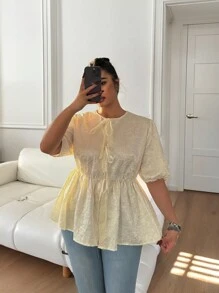 SHEIN Clasi Plus Size Elegant Solid Color Textured Tie-Waist Shirt, Summer - Apricot - View 1