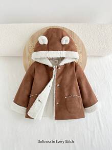 Cozy Pixies Baby Girl Casual Hooded Thicken Fleece Jacket With Ear Design - Khaki - View 1