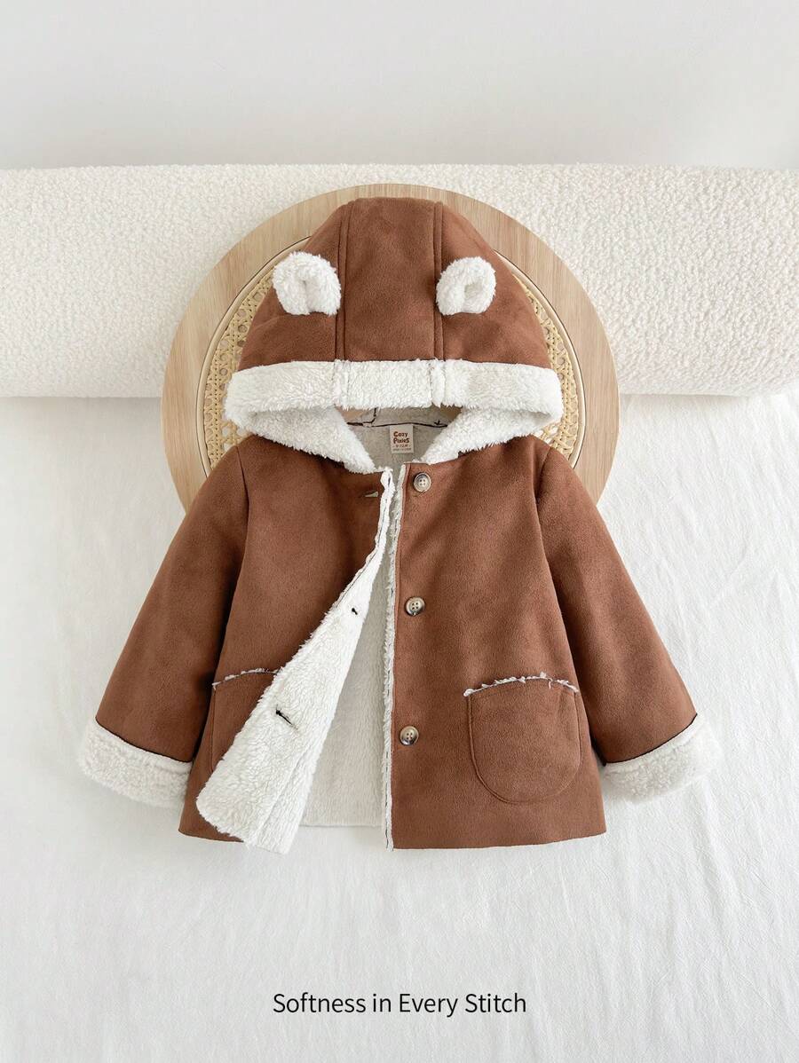 Cozy Pixies Baby Girl Casual Hooded Thicken Fleece Jacket With Ear Design - Khaki - View 1