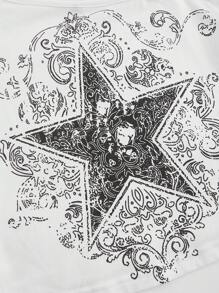 ROMWE Fairycore Asymmetrical Shoulder Vine Star Print Top - White - View 3