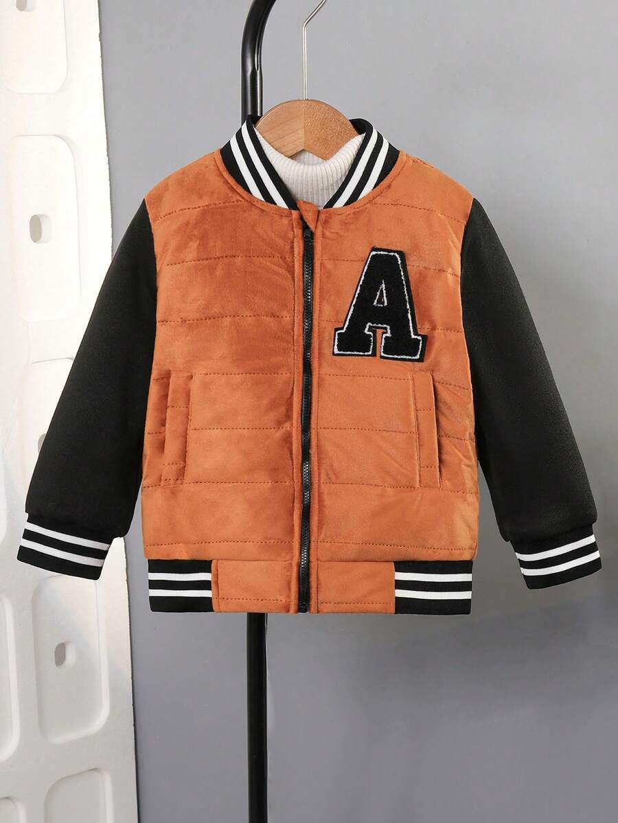Young Boy Casual Sports Padded Fleece Color Blocking Jacket With Letter Embroidery - Brown - View 1