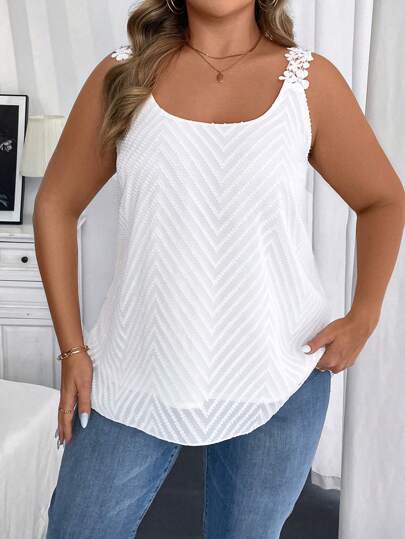 Vionelle Plus Size Women Solid Color Lace Tank Top, Summer