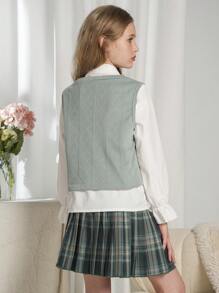 SHEIN Set de 2 piezas Uniforme escolar informal para niña preadolescente: chaleco de punto y falda