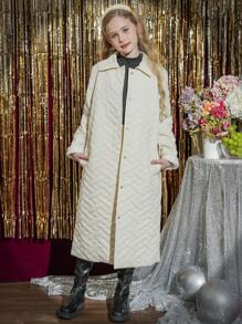 Tween Girls 优雅毛皮边饰保暖棉服连衣裙 - 杏色 - 查看 4