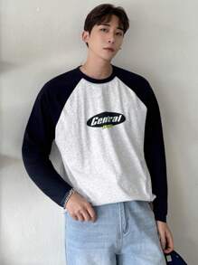 DAZY Camiseta de manga larga con cuello de tripulación estampado de letras y parches de unicolor para hombre, camisetas gráficas de verano - Azul y blanco - Ver 5