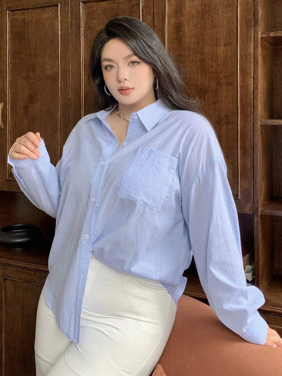 Dazy Plus 大码休闲条纹宽松 Polo 领衬衫 - 藍色 - 查看 1