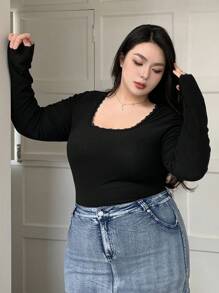 Dazy Plus Plus Size Solid Color Contrast Lace Square Neck Slim Fit Base Layer T-Shirt, Spring/Summer/Autumn Long Sleeve Women Tops,Fall Women Clothes - Black - View 6
