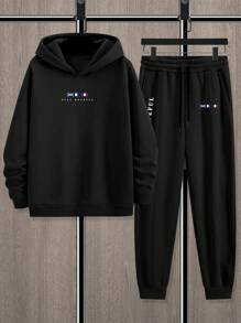 Manfinity Homme Bộ 2 áo hoodie lót nhiệt in chữ thường ngày cho nam và quần nỉ, mùa thu/đông - màu đen - Xem 1
