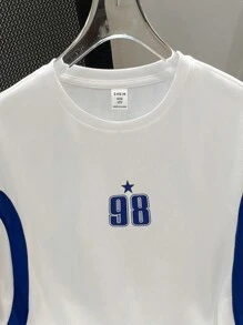 SHEIN 青少年男孩休闲宽松舒适拼色设计运动图案短袖 T 恤户外穿着 - 白色 - 查看 7