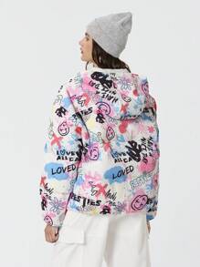 SHEIN EZwear Abrigo acolchado corto holgado con capucha, de patrón de teñido anudado y grafiti, informal de otoño invierno