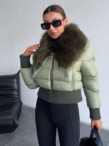EURMUSE 人造毛皮连帽衫 拉链宽松时尚加垫冬季外套 - 綠色 - 查看 4