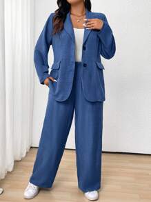 大码女式纯色简约日常长袖西装外套和裤子套装 - 藍色 - 查看 5