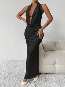 Chiquease Vestido con escote bajo, espalda abierta y cuello halter