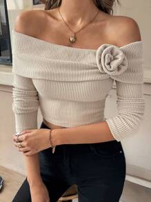 SHEIN Frenchy Women 3D Floral Off-Shoulder T-Shirt,Women's One Shoulder Knitted Autumn Long Sleeve T-Shirt,Fall Women,Winter Women Dress,Fall Shirts,Off Shoulder,