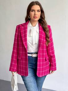 SHEIN Privé Blazer de manga larga elegante de talla grande para oficina y escuela, de estilo vintage a cuadros, cálido para el invierno - Rosa - Ver 9