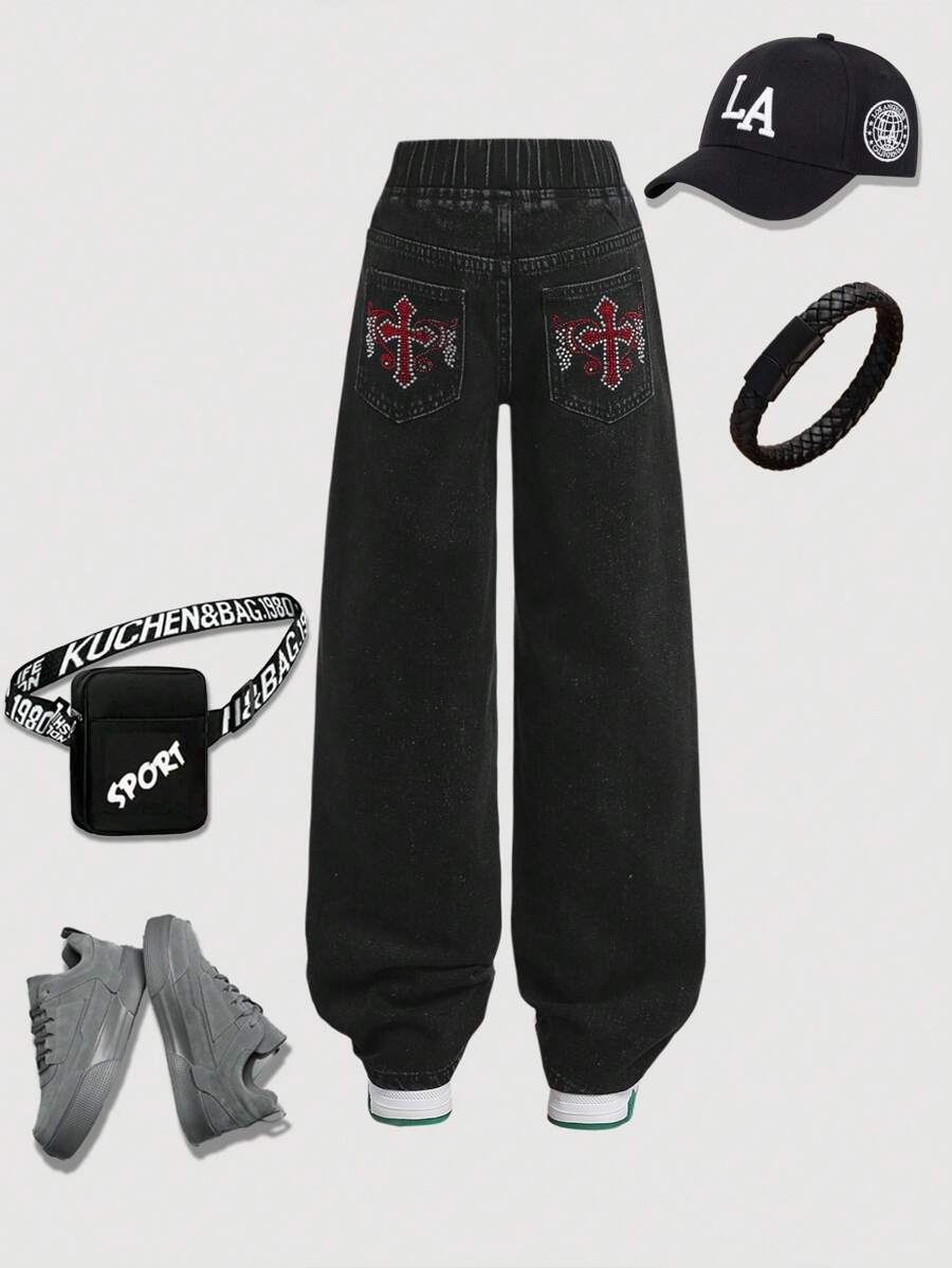 SHEIN Quần jeans ống đứng dáng rộng, họa tiết kẻ sọc, chất liệu denim đen, thích hợp cho bé trai tuổi teen, phù hợp mặc hàng ngày và mùa thu. - màu đen - Xem 1