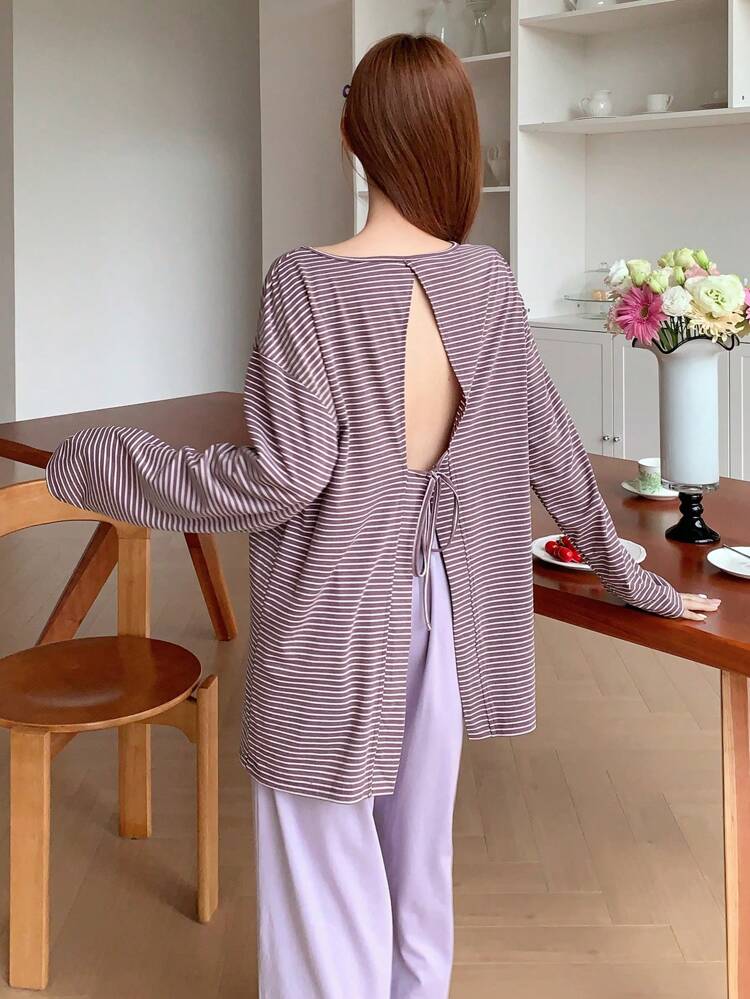 Striped Tie Back Blouse & Relaxed Wide Leg Pants Homewear Set Pajama