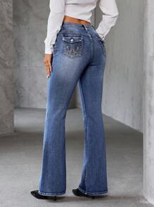 SHEIN Tall Front Button Closure Multi Pocket Embroidery Simple Denim Jeans, Casual Daily Wear - Blue - View 8