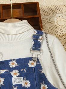 Girls Daisy Print Adjustable Spaghetti Strap A-Line Denim Dress With Ruffle Hem, Multilayered Design - Dark Wash - View 3