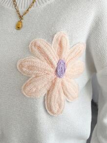 Chiquease Áo len nữ Dopamine dệt kim kiểu dáng rộng rãi, họa tiết hoa, cổ tròn, tay dài, có khóa dán, thích hợp cho mùa Thu/Đông. - trắng - Xem 6