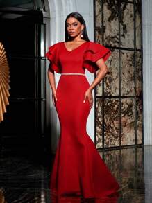 Faeriesty Rhinestone Detail Ruffle Sleeves Mermaid Hem Formal Prom Dress - Red - View 3