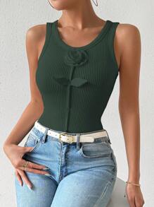 Chiquease Solid Color Floral Applique Crew Neck Casual Tank Top - Dark Green - View 5
