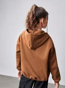 SHEIN Tween Girls' Loose Casual Letter Print Hoodie Jacket - Khaki - View 2