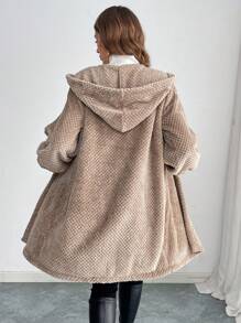 SHEIN Privé 女士新款防风纹理保暖连帽休闲宽松长袖舒适潮流夹克，纯色长袖休闲蓬松夹克 - 卡其色 - 查看 2