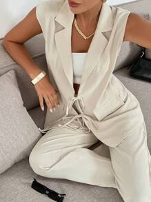 SHEIN Tall CURVE Plus Size Casual Solid Color Sleeveless Top And Wide Leg Pants 2 Pieces Suit Set Tall Curve Women Clothes Curve Pants Set Curve 2 Pieces Outfits Curve Fall Clothes Tall Curve For Women