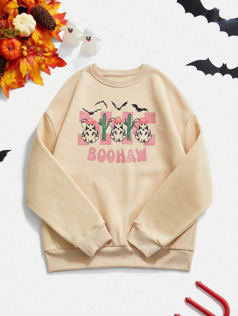 SHEIN Unity Halloween Denim Style Funny Pattern Women Sweatshirt Pullover Fall Sweatshirt - Apricot - View 1