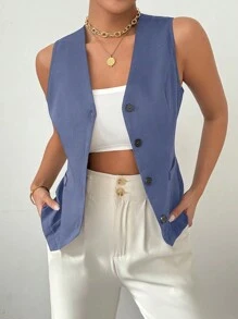 Chiquease Áo khoác vest ngắn màu trơn dành cho nữ - Màu xanh lam - Xem 7