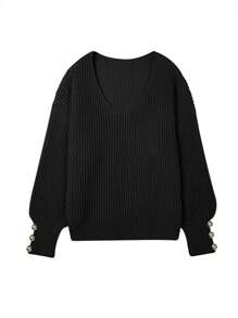 Women's All-Match Loose V-Neck Button Knit Sweater, Casual Versatile Lightweight Ribbed Pullover, Black - Black - View 5