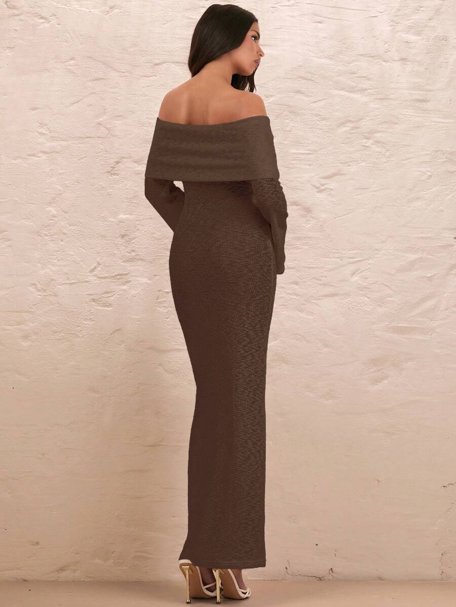 SHEIN BAE Váy suông hở vai tay dài gợi cảm, kỳ nghỉ lãng mạn, tiệc cưới - Cà phê nâu - Xem 1