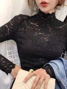 Women's Slim Fit Sexy Mesh Top With Elastic Stand Collar And Long Sleeves