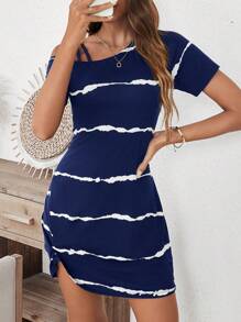 SHEIN LUNE 女士不对称领口扭结褶皱休闲连衣裙，休闲款 - 藏蓝色 - 查看 6