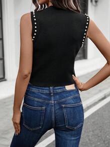 SHEIN LUNE Suéter de punto sin mangas para mujer con decoración de perlas falsas de unicolor - Negro - Ver 2