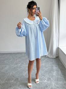 Chiquease Váy búp bê tay đèn lồng thắt nơ cổ Peter Pan kẻ caro mùa thu cho nữ - Màu xanh lam - Xem 5