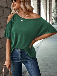 SHEIN LUNE Open Shoulder Short Sleeve Solid Color Casual T-Shirt - Green - View 5