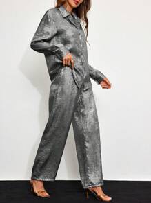 SHEIN Clasi 2pcs Metallic Feel Casual Button Front Long Sleeve Shirt & Pants Set - Silver - View 5