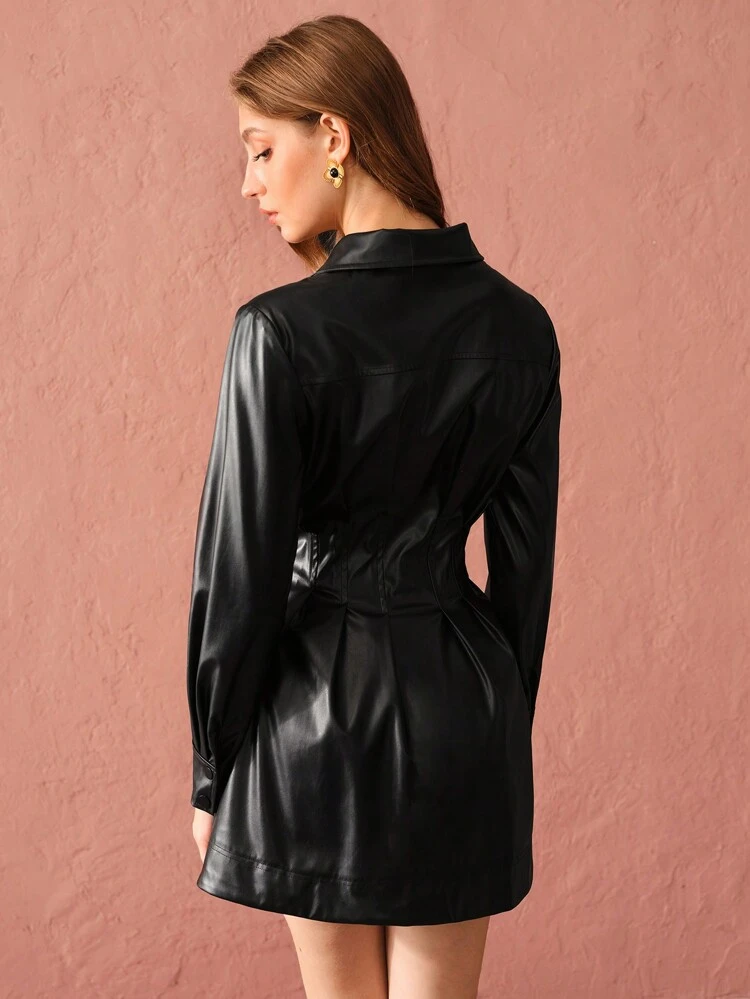 Women's Autumn And Winter Black High Waist Pleated Shirt Style Leather Long Sleeve, Daily, Work, Date Dress, Autumn Women's Clothing,Winter Women Clothes,