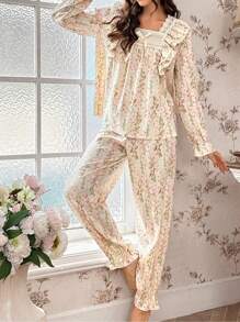 CottageSlumber Floral Print Ruffle Trim Bow Decor Square Neck Long Sleeve Top And Pants Pajama Set Bow - Apricot - View 5