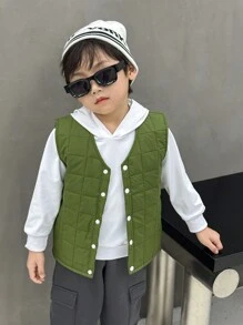 SHEIN 1pc Young Boy Casual Plaid Padded Vest, Suitable For Daily, School, Outdoor Play In Autumn & Winter - Army Green - View 4