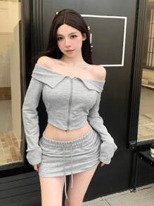 DAZY 2 件套女式露肩短款运动衫上衣和抽绳系带迷你裙套装，性感修身，秋冬 - 灰色 - 查看 4